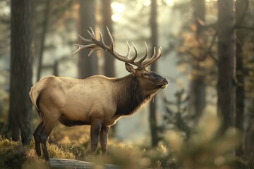 A robust elk with prominent antlers stands proudly in a misty forest clearing as gentle sunlight filters through the trees, highlighting the natural grace and strength of wildlife in a serene setting.