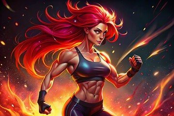 Fiery determination: a woman of strength in a blazing digital art portrait