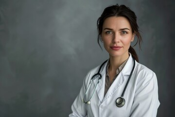 A solemn portrait of a female doctor in a crisp white lab coat, her stethoscope around her neck. 