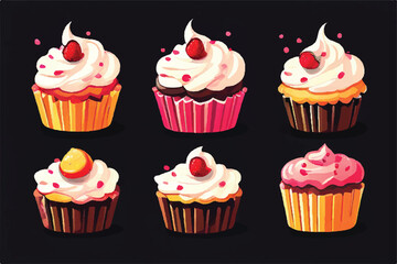 Cupcakes icon set. Cute sweet cupcakes. set of creamy muffins, desserts, cakes, cupcakes, chocolate cream, vanilla cream, crème ice cream, different flavors.