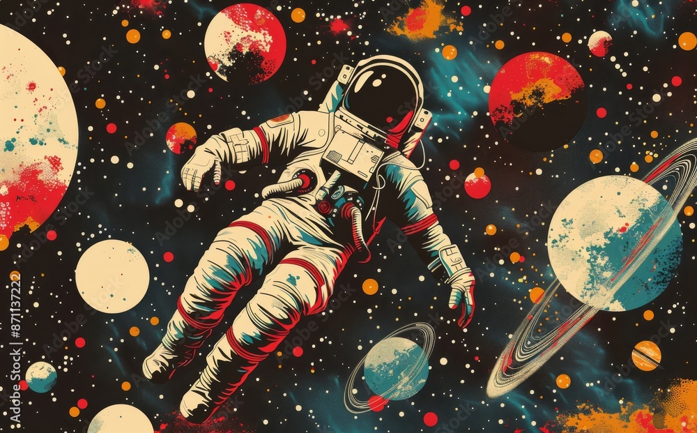 Poster vintage-style poster of an astronaut floating in colorful outer space with planets and stars
