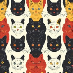 Obraz premium Cats face different breeds and patterns, emotions, and colors. Cute kitten, kitty. Seamless pattern background colorful cat heads. High quality AI generated image