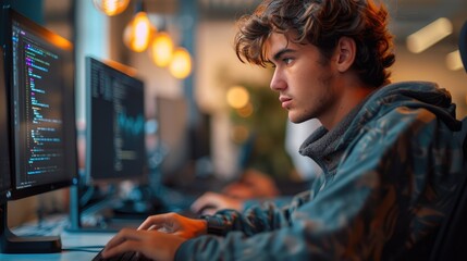 Obraz premium Focused Software Engineer Writing Code for Cyber Defense