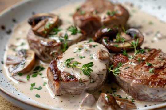 Contemporary barbecue Iberian pork medallions in creamy mushroom and herb sauce served on a Nordic plate with copy space