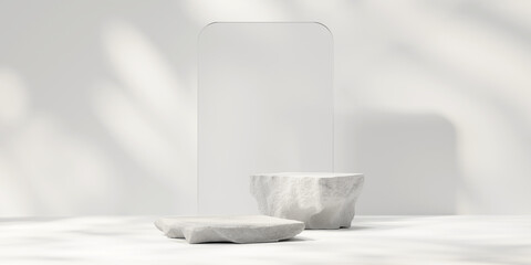 3D rendering stone platform podium product presentation background with sun light	