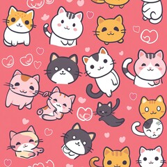 Seamless Pattern with Cute Cat colorful Illustration Design Background. Cute cartoon style cat pattern. High quality AI generated image