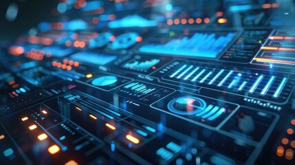 Fototapeta premium Sophisticated tech background with data analytics visualizations, transparent interface, illuminated graphs.