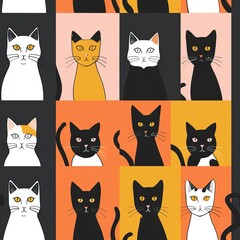Fototapeta premium Seamless doodle cat pattern illustration. Cartoon style colorful kittens. High quality AI generated image