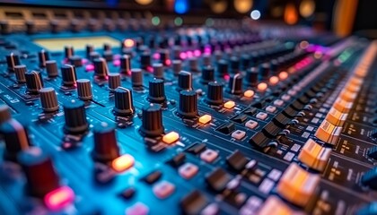 Obraz premium A vibrant, colorful photo of an audio mixer with numerous knobs and controls, brightly illuminated in a professional studio, representing the heart of music production.