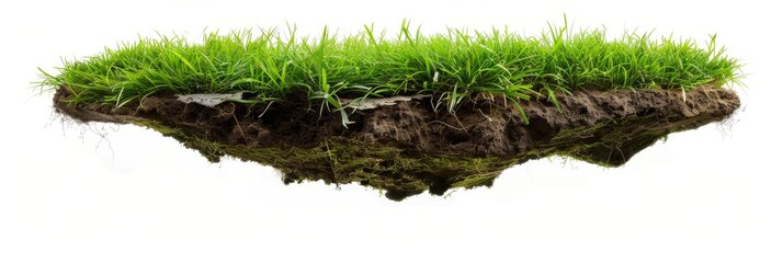 Piece of ground covered with grass is floating in the air. Flying island isolated on white background