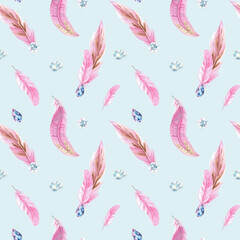 Watercolor Seamless Pattern with Pink Feathers and Jewelry Crystals or Beads on blue background. Hand drawn watercolor illustration. Can be used for fabric, textile and packaging prints.