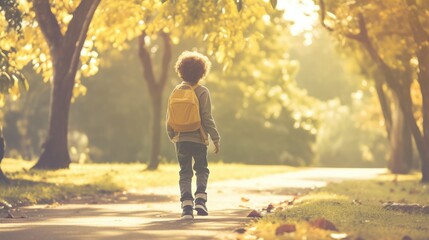 Obraz premium Early Morning Stroll: Boy with Yellow Backpack