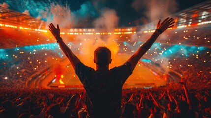 Emotional Soccer Fan Cheering in Packed Stadium