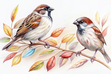 Two sparrows perched on a branch with autumn leaves