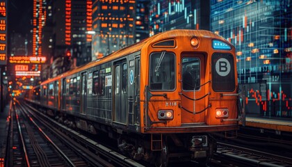 Fototapeta premium A vibrant image of an orange train parked at a station with a backdrop of neon lighted city skyline and digital graphs