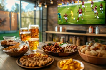 Watching soccer game with cold beers and snacks in a cozy home setting