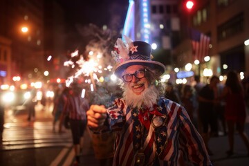 Older man in festive Uncle Sam costume celebrates 4th July with a sparkler in hand.