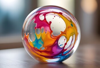 a glass sphere filled with colorful liquid against a blurred background	
