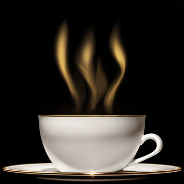 White porcelain cup of coffee with golden smoke and edging on its saucer with gold color rim isolated on black background, beautiful elegant illustration of dark coffee intense, voluptuous aroma