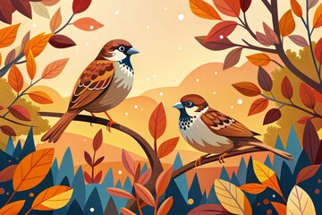Two sparrows perched on a branch in autumnal hues