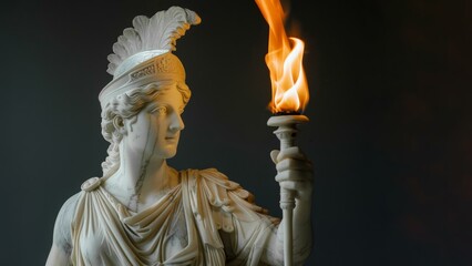 Obraz premium Ancient Greek statue holding an Olympic torch with vibrant flames