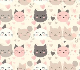 Cute seamless pattern with pretty kittens. Great for baby fabric, textile, wallpaper. Cats. Cat cartoon style. Pastel Colors. High quality AI generated image