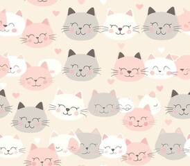 Cute seamless pattern with pretty kittens. Great for baby fabric, textile, wallpaper. Cats. Cat cartoon style. Pastel Colors. High quality AI generated image