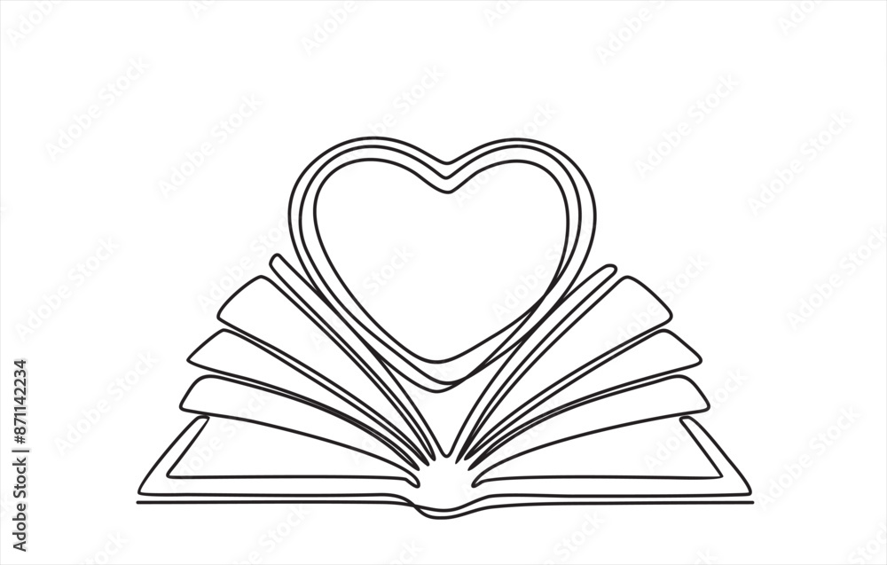 Poster open book and heart, continuous line vector illustration. one line vector drawing of a book and a he