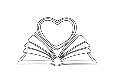 Open book and heart, continuous line vector illustration. one line vector drawing of a book and a heart, concept of love of reading. Black and white hand drawn image.
