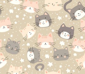 Cute seamless pattern with pretty kittens. Great for baby fabric, textile, wallpaper. Cats. Cat cartoon style. Pastel Colors. High quality AI generated image