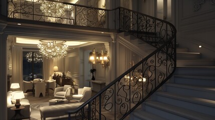 Elegant staircase with wrought iron railings leading to a living area illuminated by a magnificent chandelier and designer hanging lights, featuring a sophisticated and luxurious interior.