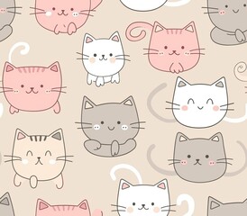 Cute seamless pattern with pretty kittens. Great for baby fabric, textile, wallpaper. Cats. Cat cartoon style. Pastel Colors. High quality AI generated image