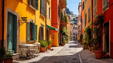 A quiet alleyway in the old town of Nice with colorful buildings