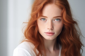 Fototapeta premium Young woman with long red hair and blue eyes on a light background