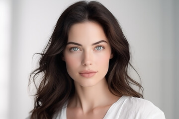 Naklejka premium Portrait of a Beautiful Young Woman with Dark Hair in White Top Against Soft Light Background
