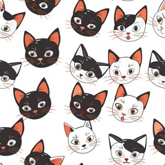 Fototapeta premium Cats seamless pattern. Colorful cartoon style cat head smile face. High quality AI generated image