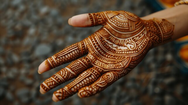 A close-up of a womans hand adorned with intricate mehendi designs