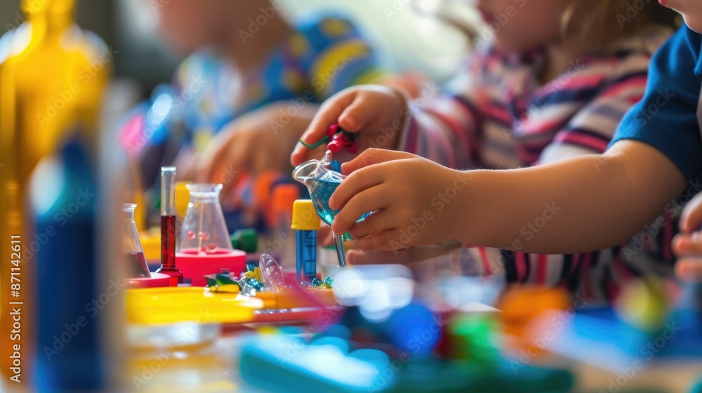 Poster close up of smart children hands learning about science by using toy in stem science lesson. skilled