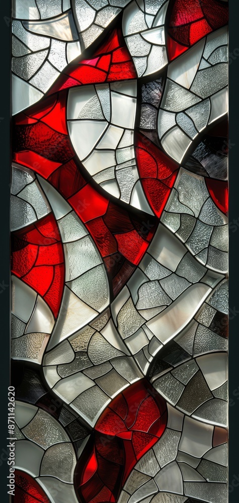 Poster abstract red and white stained glass window panel with intricate patterns