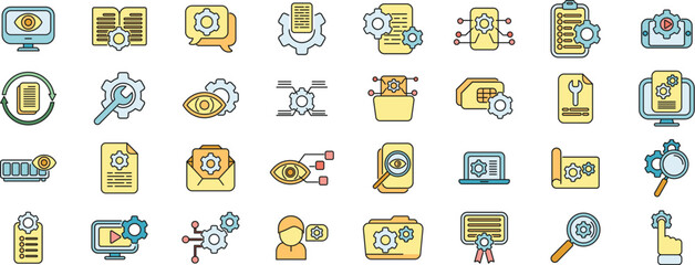 Technical overview icons set outline vector. Phone specification. Camera memory thin line color flat on white