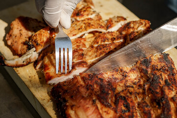 Crocodile meat slicing