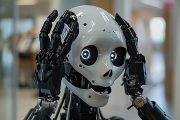 Fototapeta premium Surprised humanoid robot emotions look, hands holding his head in shock, unexpected.