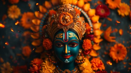 A detailed portrait of Goddess Durga with flower petals