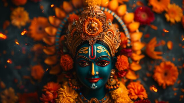 A detailed portrait of Goddess Durga with flower petals