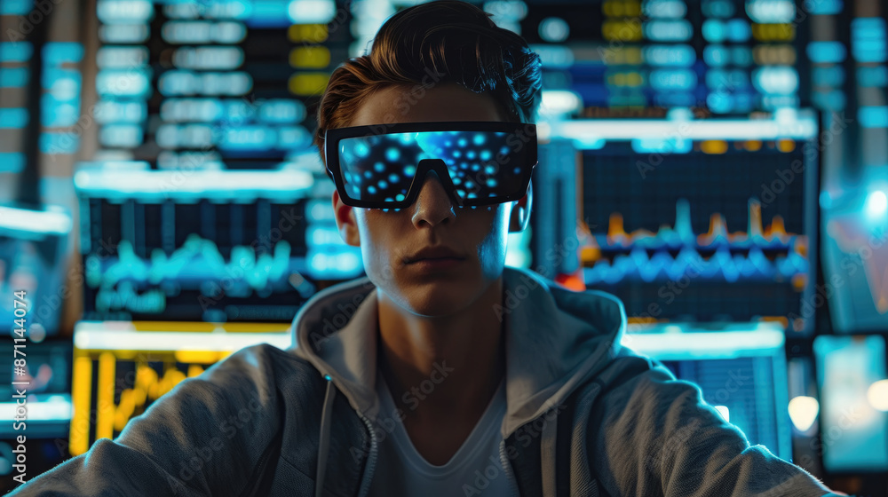 Poster a young man wearing goggles sits in front of a wall of computer monitors, each displaying data and i