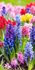 Fototapeta premium Group multicolored blooming hyacinths. Spring landscape.