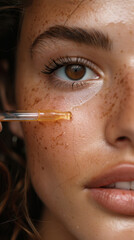 Detailed close-up portrait of a beautiful model showcasing the application of a premium skincare serum for a glowing complexion