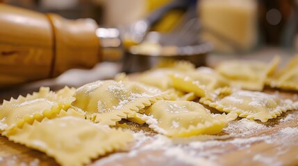 Homemade vegetarian Italian ravioli with organic egg pasta and four cheeses