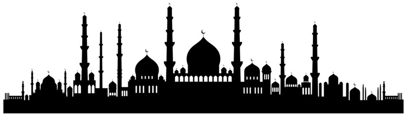 Arabic architecture mosque black silhouette. Mosque roof, Islamic cityscape panorama and minaret skyline silhouettes for Islamic holidays Ramadan, Eid Al-Adha, Eid Mubarak. Isolated vector