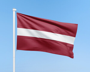 Latvia flag on stick on sky background. Realistic flag illustration